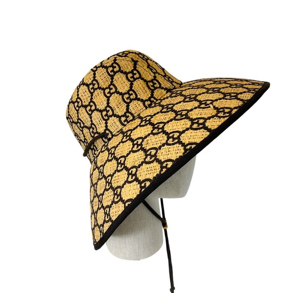 Gucci Mustard / Dark Brown Unisex GG Raffia Wide Brim Hat - Picture 4 of 11
